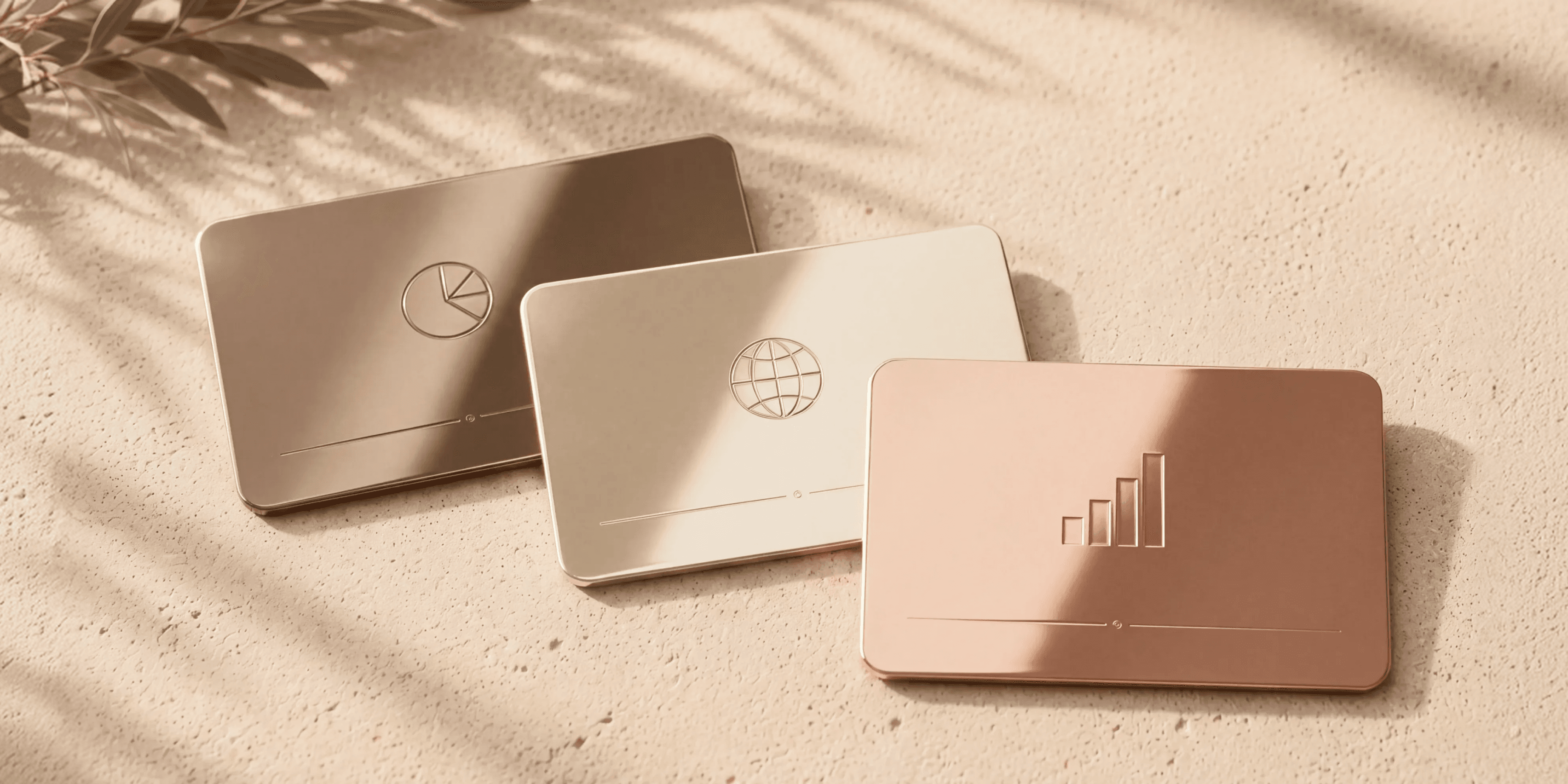 Three metallic cards fanned out on textured cream stone in dappled sunlight, each embossed with a different finance icon — a pie chart, a globe, and a rising bar chart — in bronze, champagne gold, and rose gold.