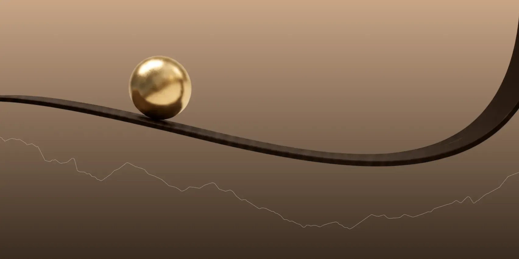 Gold sphere resting at the crest of a dark curve that bends downward, with a faint price chart line tracing a decline beneath it