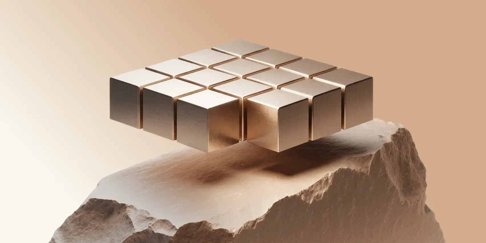 Grid of brushed gold cubes balanced on a rough stone block against a warm beige background