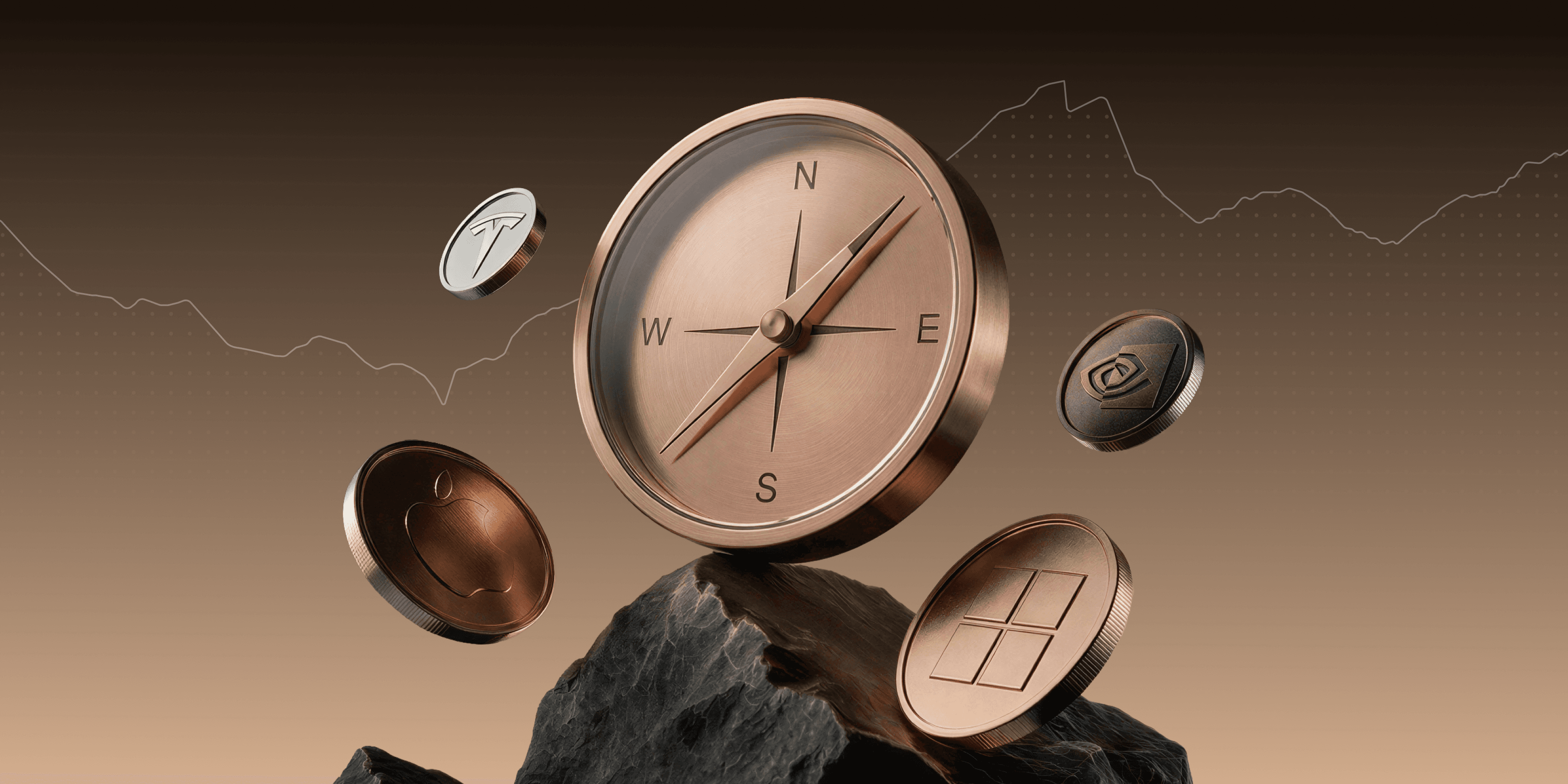 Copper compass balanced on a dark rock, surrounded by floating coins stamped with the Tesla, Apple, Nvidia and Microsoft logos, against a bronze background with a faint stock chart line
