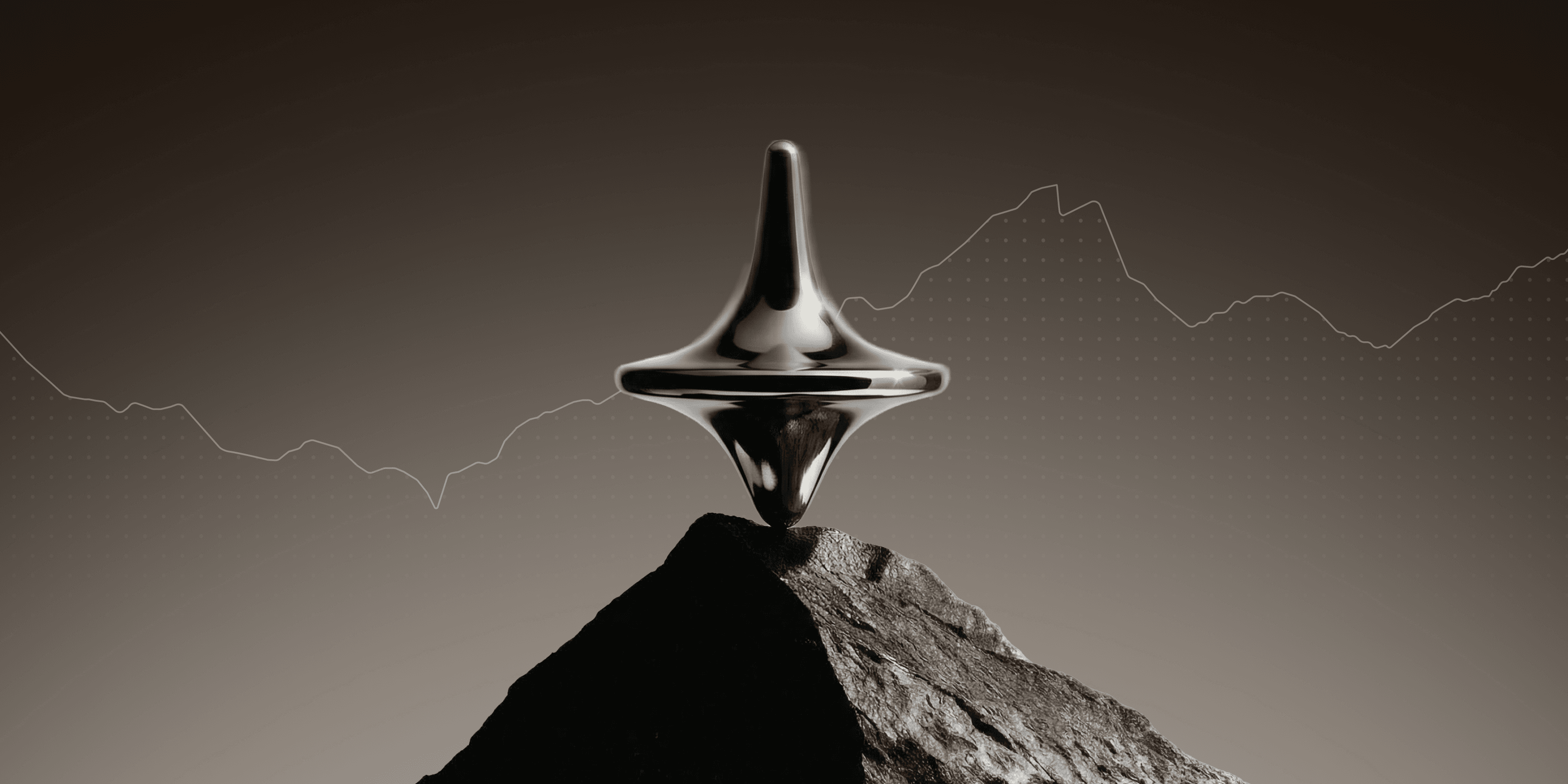 Chrome spinning top balancing on a rock peak against a market volatility chart — a metaphor for portfolio risk