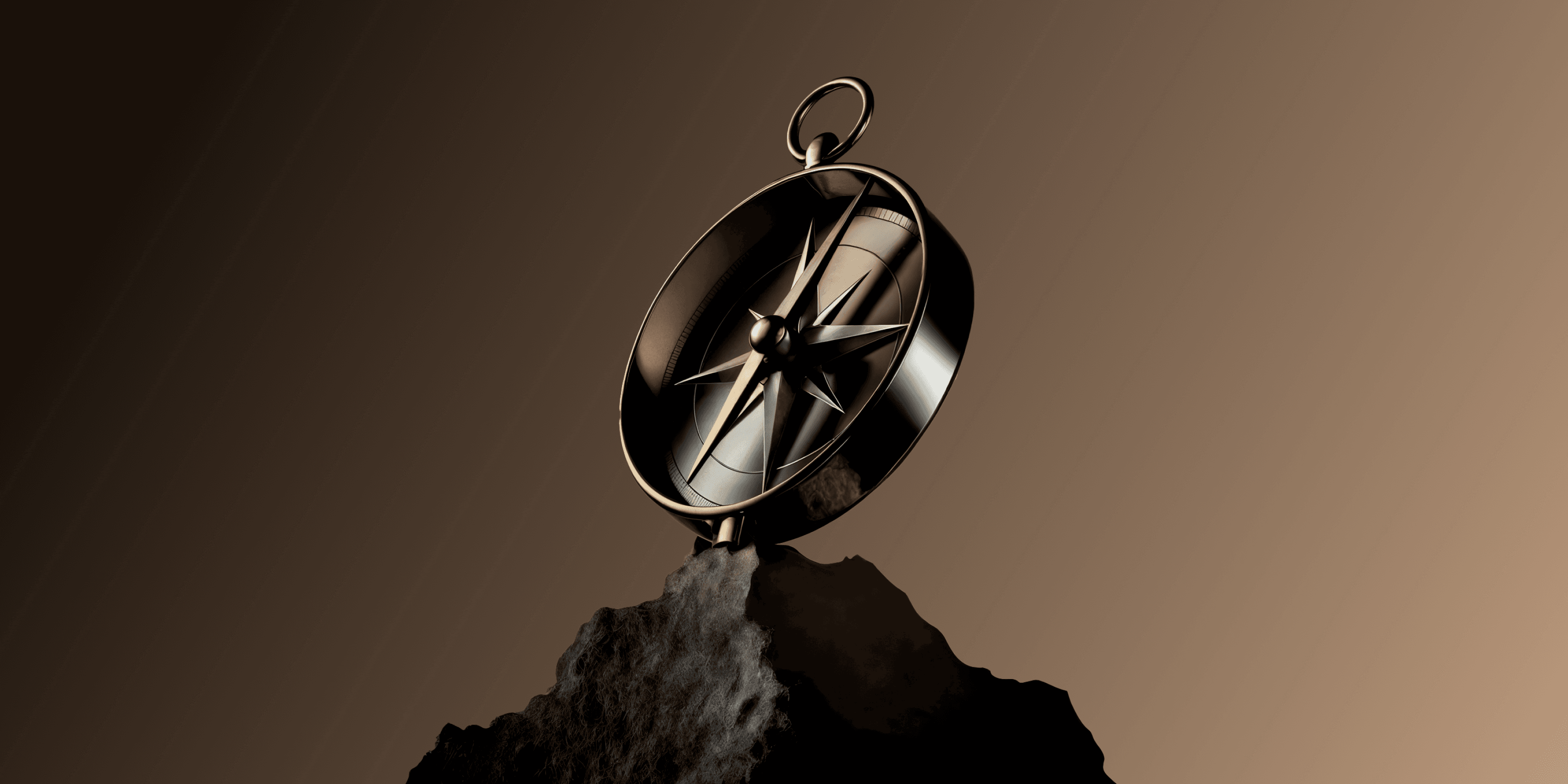 A 3D-rendered bronze compass balanced on a dark rocky outcrop against a warm brown gradient background, its ornate star-shaped rose and needle catching the light.