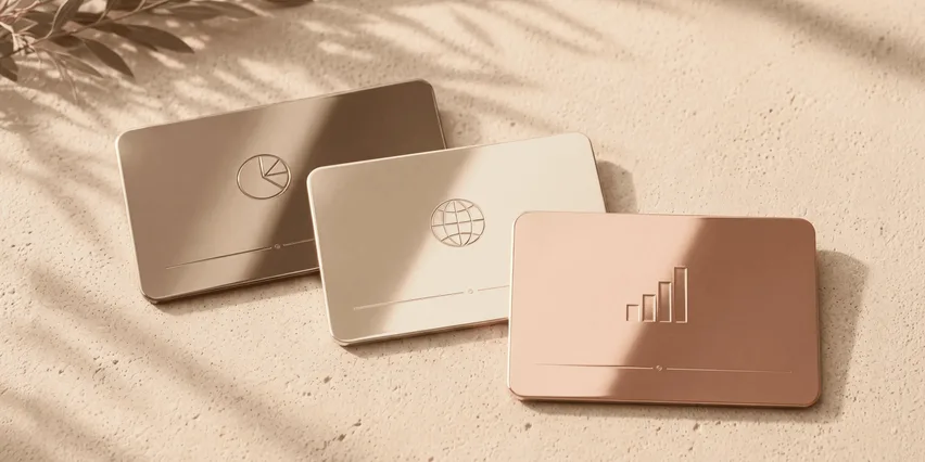 Three metallic cards fanned out on textured cream stone in dappled sunlight, each embossed with a different finance icon — a pie chart, a globe, and a rising bar chart — in bronze, champagne gold, and rose gold.