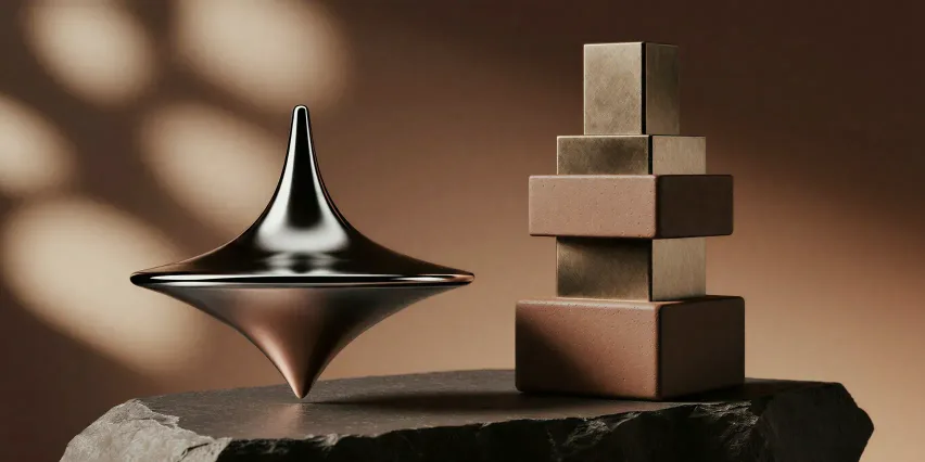 A polished chrome spinning top resting on a dark stone slab beside a stack of bronze cubes, lit by warm dappled light