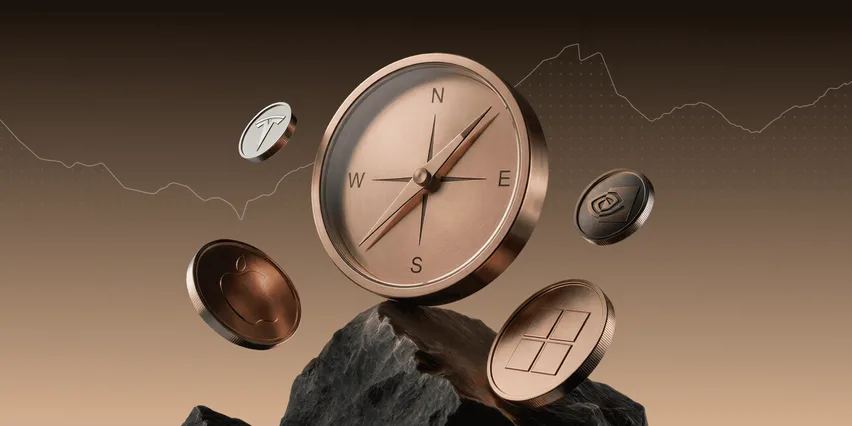 Copper compass balanced on a dark rock, surrounded by floating coins stamped with the Tesla, Apple, Nvidia and Microsoft logos, against a bronze background with a faint stock chart line