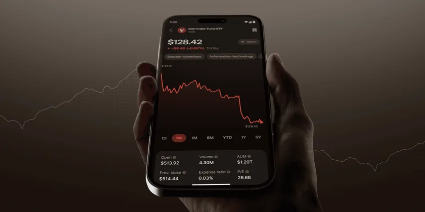 Smartphone showing an ETF down 6.68% over one week in an investing app, with the price chart in red.