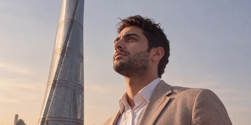Man in a beige linen blazer and white open-collar shirt gazing upward at sunset beside a glass skyscraper
