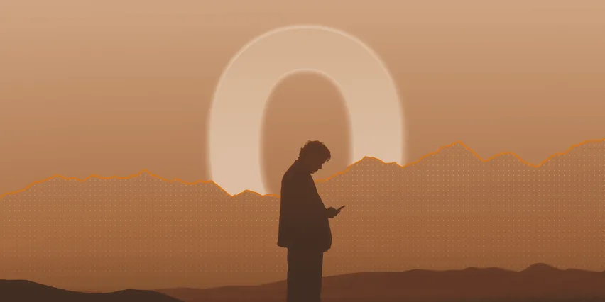 Silhouette of a person checking their phone at sunset, standing before a large glowing figure "0" and a mountain ridge line styled like a rising stock chart, set against a dotted grid background in warm orange and sepia tones.