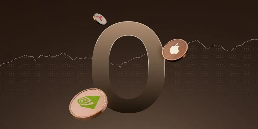 Zero trading fees on stocks including Tesla, Apple, and Nvidia — illustrated by a large 0 surrounded by branded coins