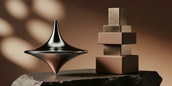A polished chrome spinning top resting on a dark stone slab beside a stack of bronze cubes, lit by warm dappled light