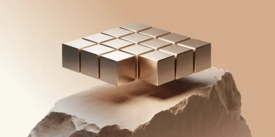 Grid of brushed gold cubes balanced on a rough stone block against a warm beige background