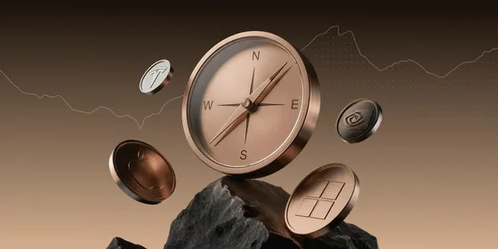 Copper compass balanced on a dark rock, surrounded by floating coins stamped with the Tesla, Apple, Nvidia and Microsoft logos, against a bronze background with a faint stock chart line