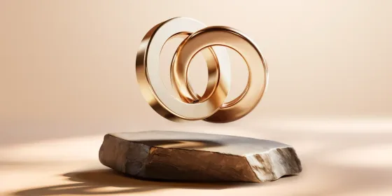 Two interlocking gold rings, one pale and one warmer rose gold, floating above a rough stone slab against a soft beige background