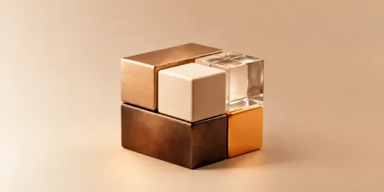 Cubes of brushed gold, matte cream, clear glass and polished copper fitted together into one larger cube