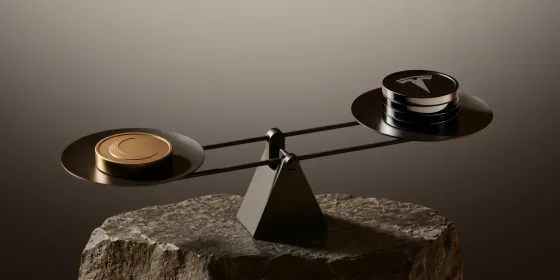 Balance scale on a rough stone block, with a single gold coin marked with a crescent moon on the lower pan and a stack of dark coins bearing the Tesla logo on the raised pan.