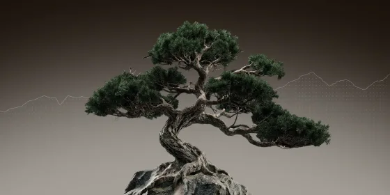 Bonsai pine growing on a rock against a dark gradient background, with a faint line graph running behind it