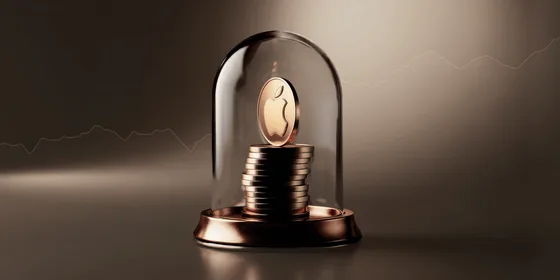 A glass dome protecting a stack of gold coins with a golden coin on top, symbolizing wealth preservation, set against a dark background with a faint stock chart line.