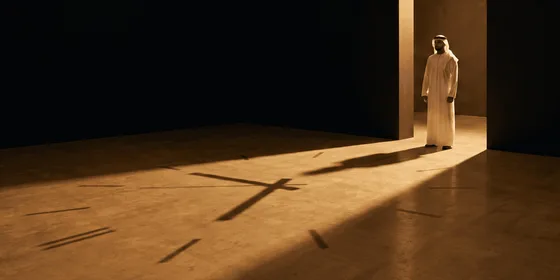 A man in a white kandura and ghutra stands in a doorway of a dark minimalist space, lit by warm golden light casting long shadows across the floor.