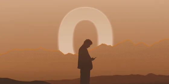 Silhouette of a person checking their phone at sunset, standing before a large glowing figure "0" and a mountain ridge line styled like a rising stock chart, set against a dotted grid background in warm orange and sepia tones.