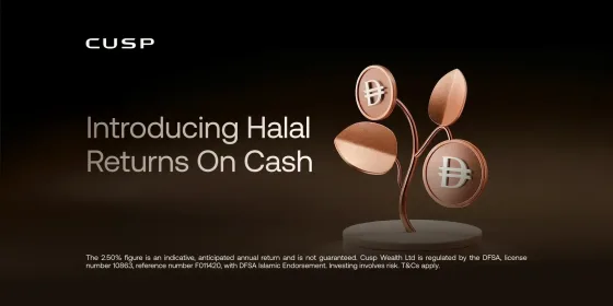 CUSP ad reading "Introducing Halal Returns On Cash", with a copper plant sculpture whose leaves and buds are coins bearing the dirham symbol