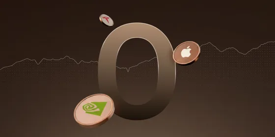 Zero trading fees on stocks including Tesla, Apple, and Nvidia — illustrated by a large 0 surrounded by branded coins