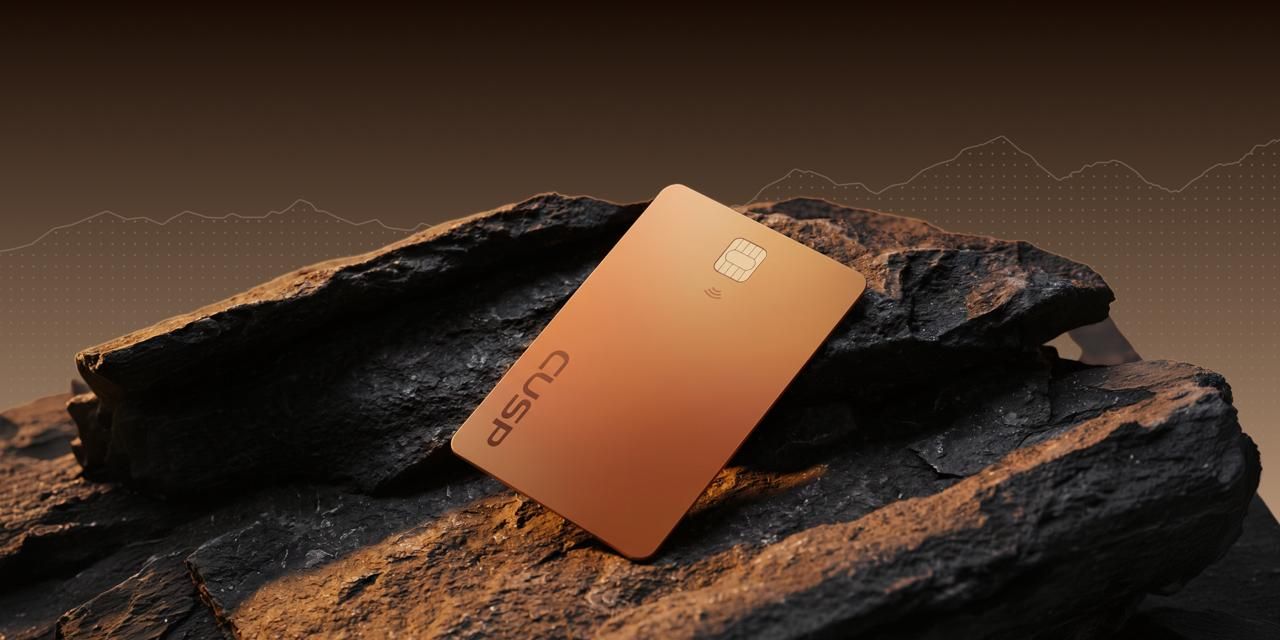 A copper-toned CUSP payment card with a chip and contactless symbol rests upright on dark, rugged rocks against a warm brown background with a faint dotted line chart.